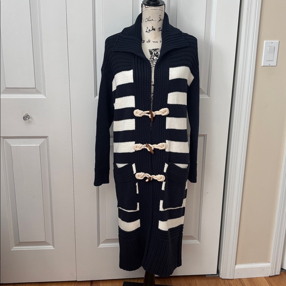 Anthropologie Maeve Navy White Nautical toggle knit long cardigan sz small - Picture 4 of 9